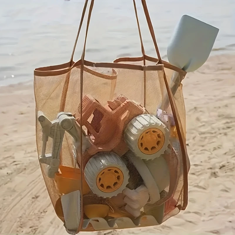 1pcLarge Capacity Mesh Beach Bag Durable Solid Color Sturdy Handles Travel Beach Vacation Camping Multi Purpose Storage Heavy