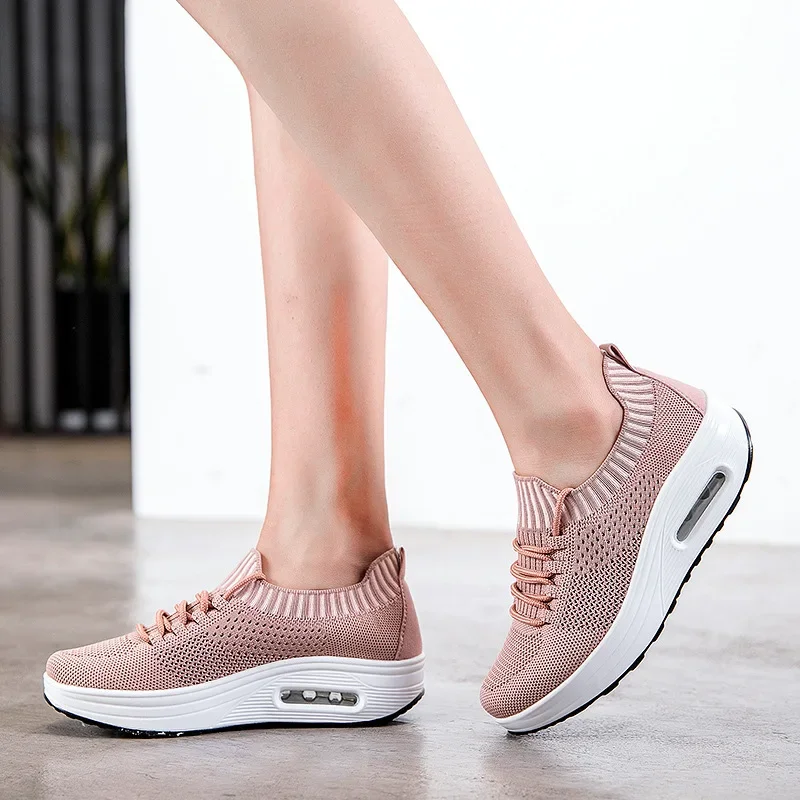 Mesh Women Vulcanized Shoes Fashion Sneakers Platform Flat Ladies Loafers Lacing Casual Sport Shoes Breathable Wedges Walk Shoes