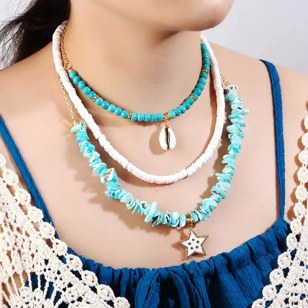 Bohemian Women Beach Ocean Vacation Jewelry Multilayer Natural Stone Shell Chain Necklace Glazed Heart CZ Star Pendant Necklace