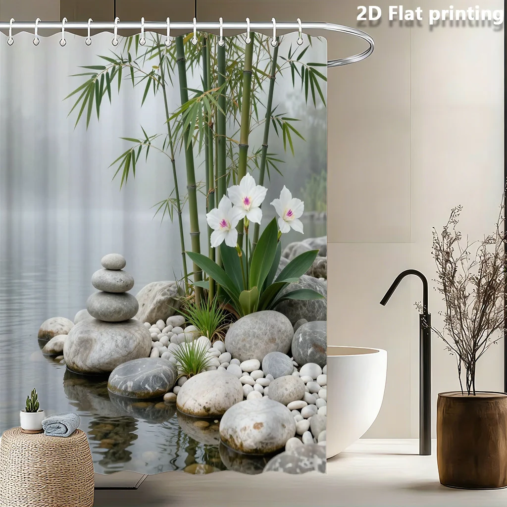 2D Flat, 1pc Natural Stone & White Flower Shower Curtain - Modern Minimalist Bathroom Window Panel Curtain Suitable for Bath Enc