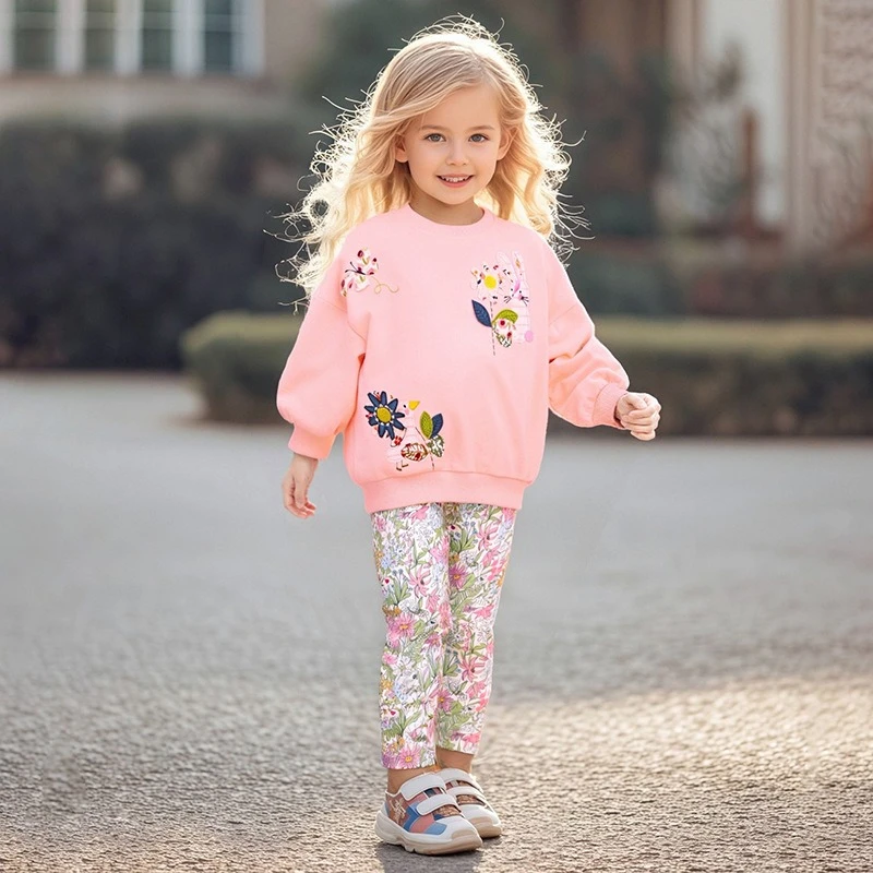 

Girls' Outfit Set Cute Animal Embroidery Sweatshirt Floral Leggings Soft Comfortable Casual Wear For Kids Daily School Autumn