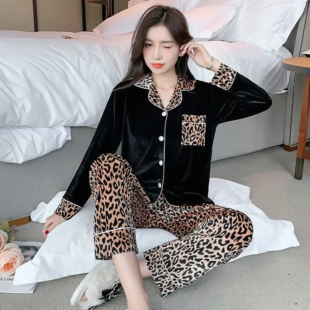 Gold Velvet Pajamas for Women Leopard Print Long-sleeved Spring and Winter Cardigan Home Service Sleepwear Women\'s Pajamas Set