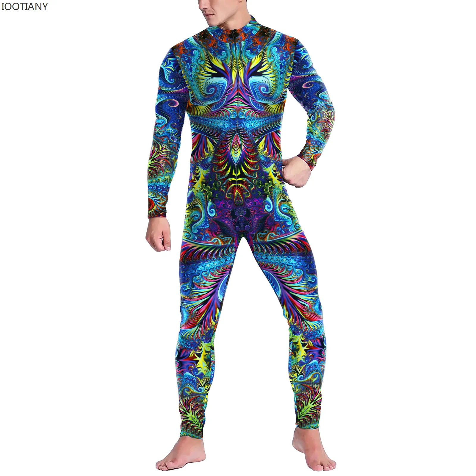 IOOTIANY Machine Zentai Men For Bodysuit Trippy Costume Front Zipper Jumpsuit Skinny Cosplay Catsuit Elastic Rave Festival Suit