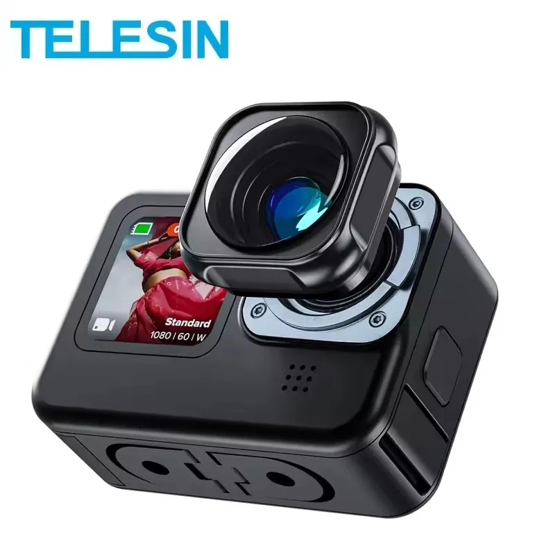 Мод объектива TELESIN для GoPro 12 11 10 9 Max, сверхширокоугольный, макс. 155 градусов, с 2 защитными крышками, экшн-камера, черные аксессуары