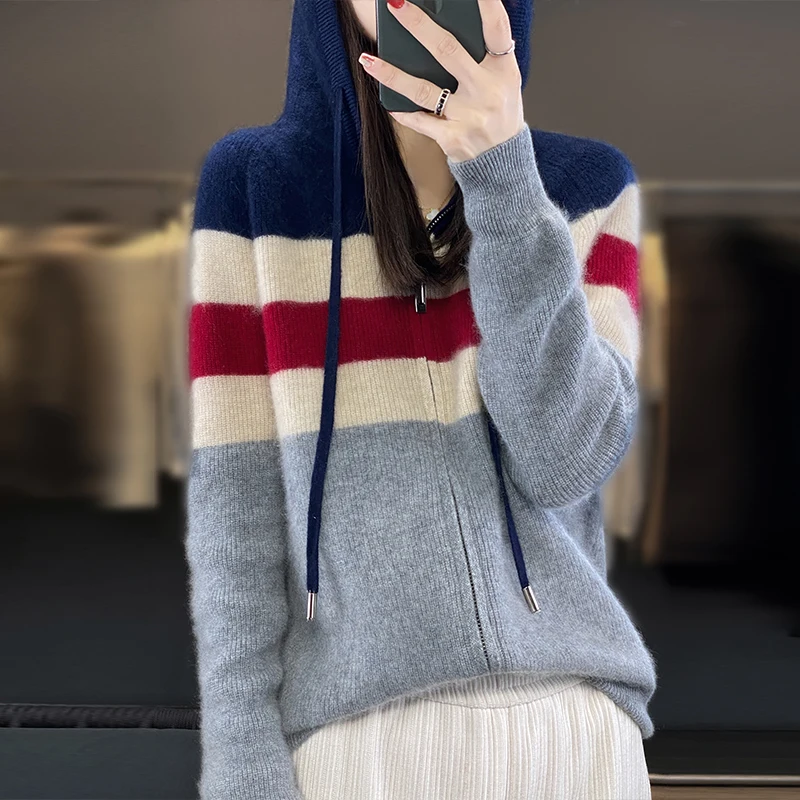 Hoodie Collar Sweatshirt 100% Merino Wool Clothing Autumn Winter Warm Cardigan Fashion Korean Knitted Contrast Sweater Tops