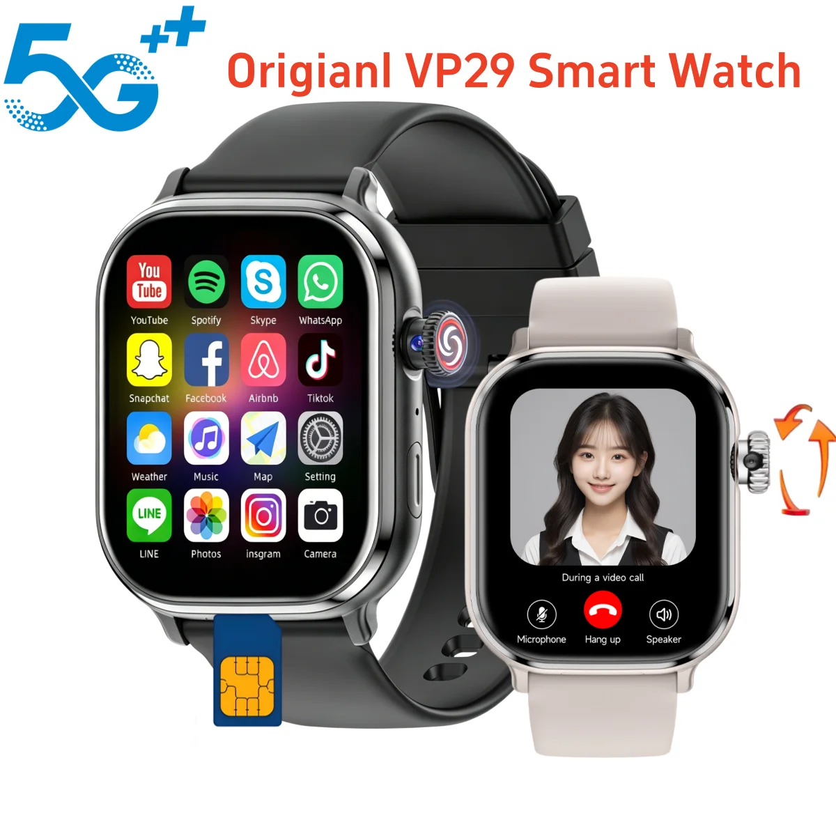 VP29 Smart Watch 5G Android 10.0 256GB Storage 4G/5G LTE Sim Card GPS WIFI 2.29 inch 490*580 Amoled NEW Smartwatch Rotary Camera