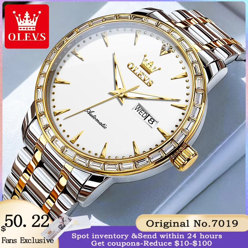 

OLEVS 7019 New Men's Watch Top Luxury Original Diamond Men Automatic Mechanical Watch Waterproof Luminous Dual Calendar Watch