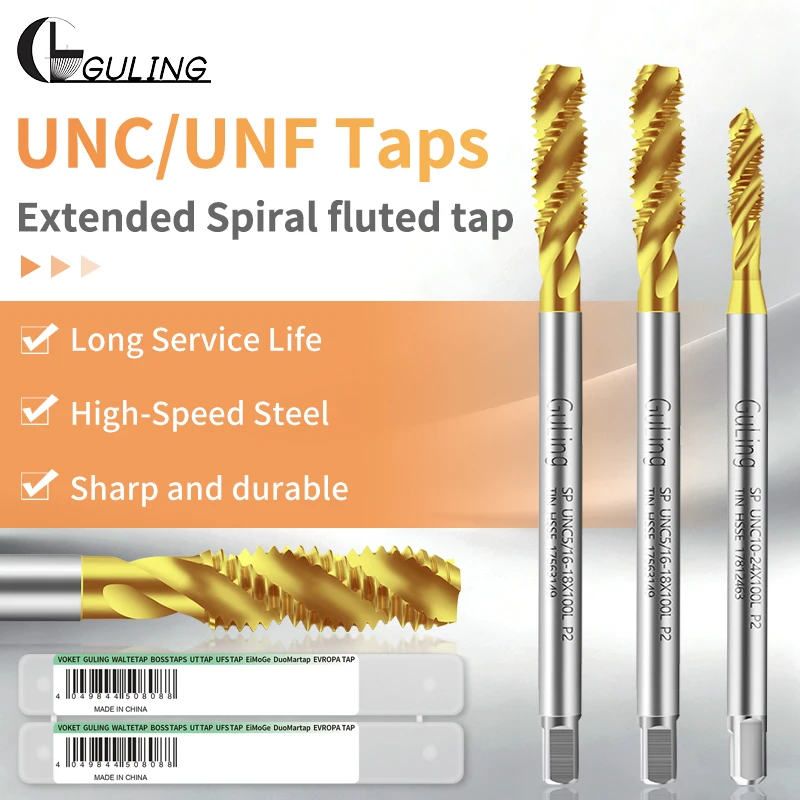 GULING 1PCS HSSE-M35 JIS Standard  TIN Coated Spiral Fluted Tap UNF0-80~UNC1/4-28X100L Machine Screw Thread Taps