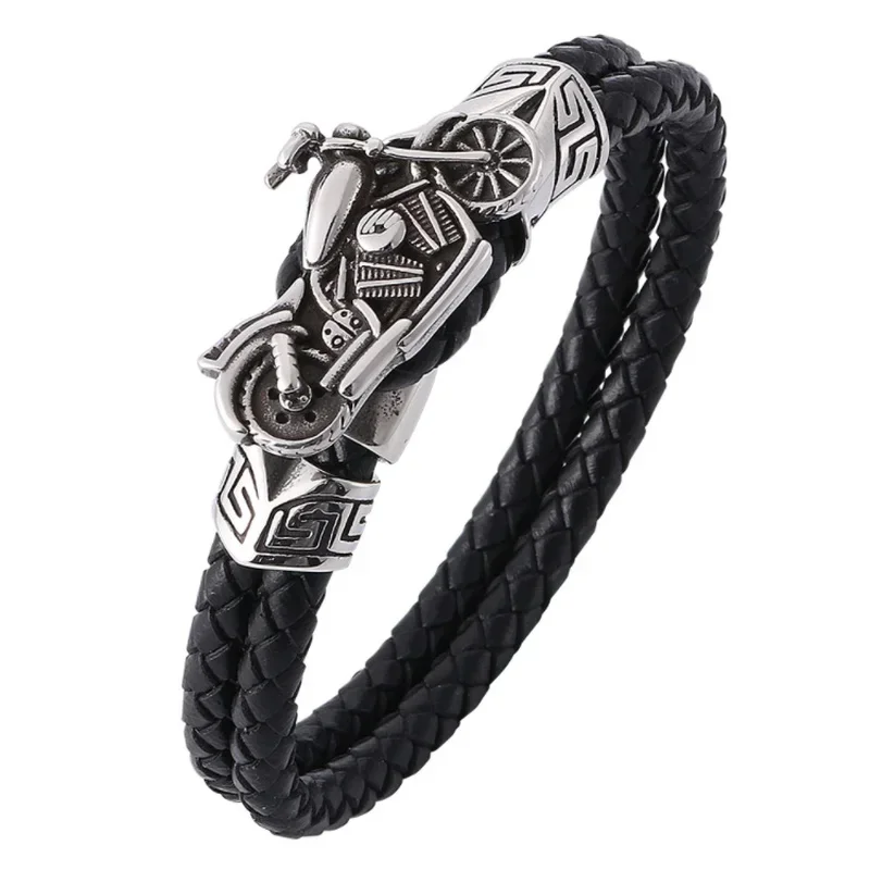 Punk Metal Motorcycle Bracelet Handwoven Double Layer Leather Bracelet Men Hip Hop Rock Bike Riding Jewelry Accessory