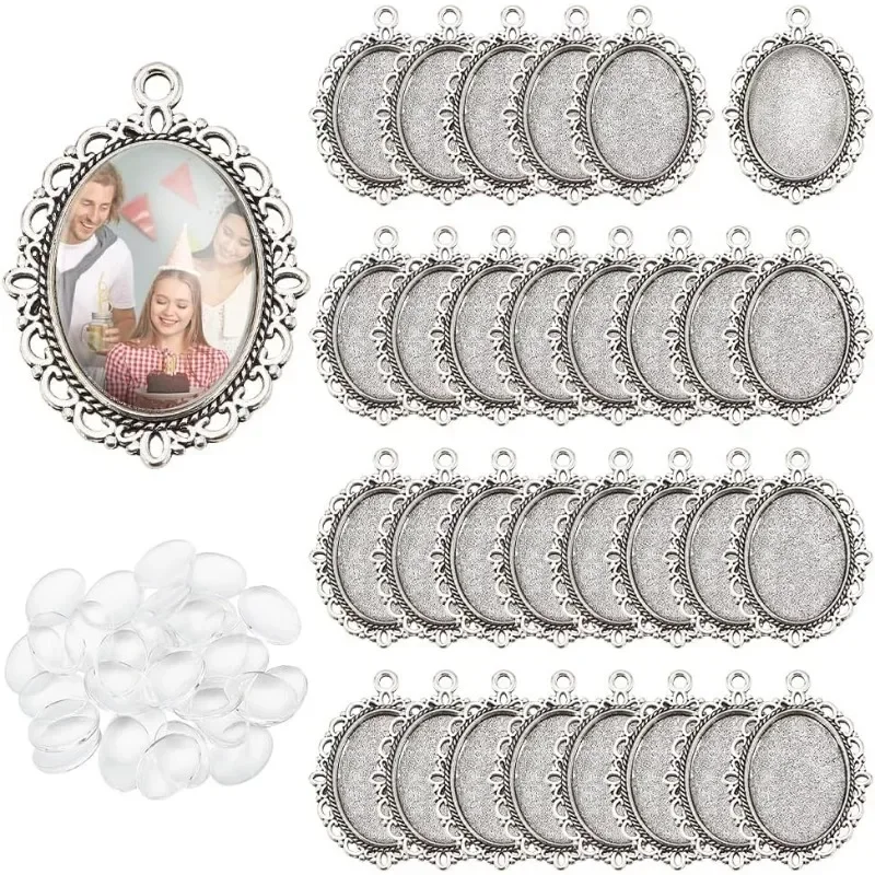 Bezel Pendant Blanks Settings - 30pcs Oval Pendant Trays Photo Charms with 30pcs Glass Cabochons for Bouquet Bridal