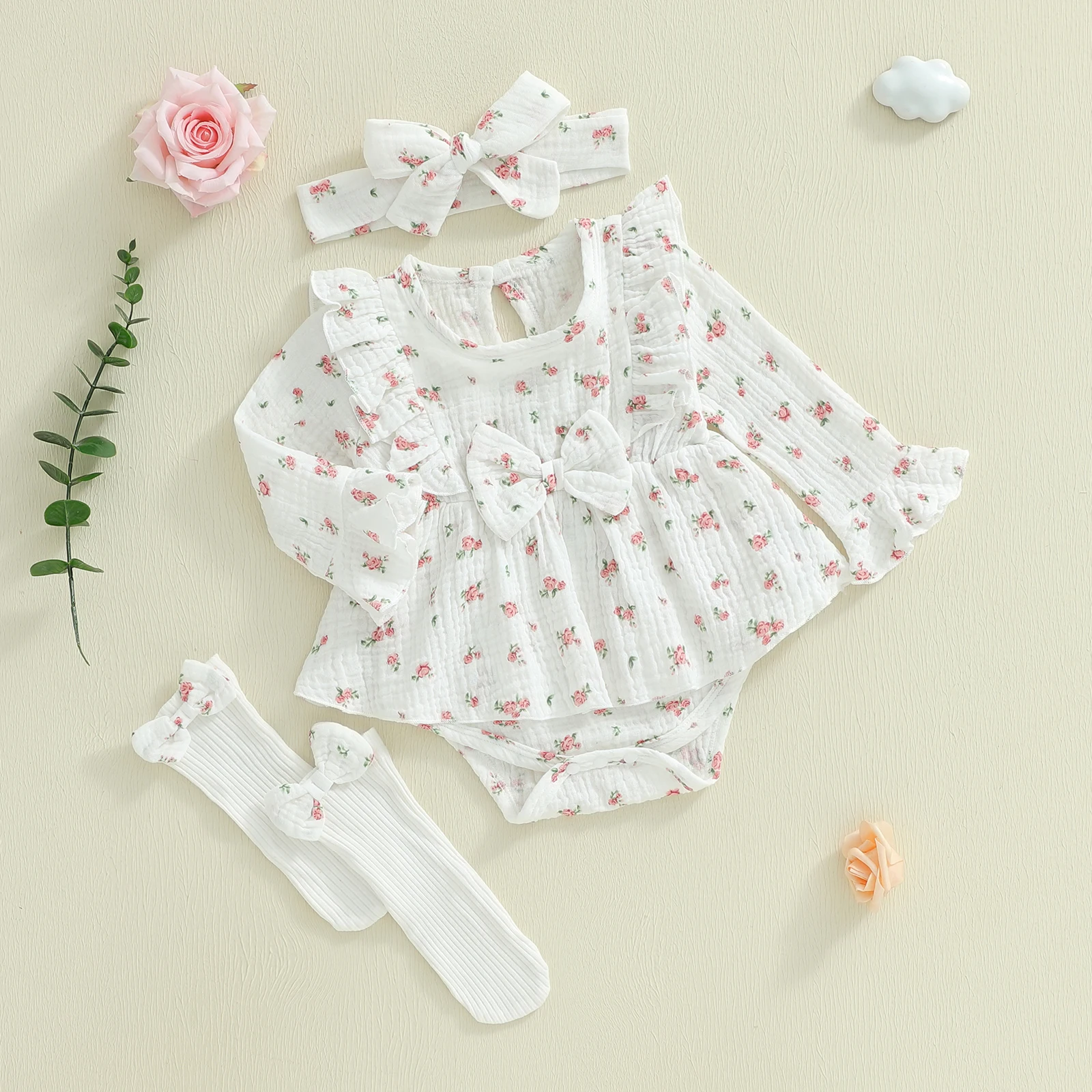 

Осенняя одежда Tregren для маленьких девочек, комбинезон с цветочным принтом и бантами, рюшами и длинными рукавами, платье с бантом, повязка на голову, чулки, комплекты из 3 предметов