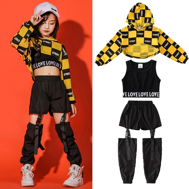 Girls Jazz Dance Costume Hooded Crop Tops Black Pants Hip Hop Performance Clothing For Kids Stage Wear Rave Kpop Outfit BL9923