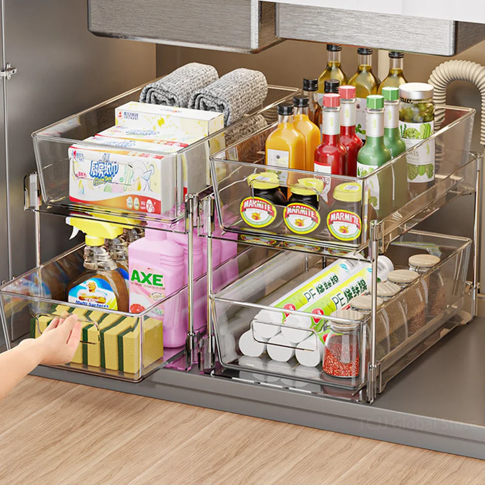 2 Tier Kitchen Storage Rack Sliding Shelf Pull Out Organizer Saving Space Spice Rack Cabinet Under Sink Bathroom Kitchen Shelf