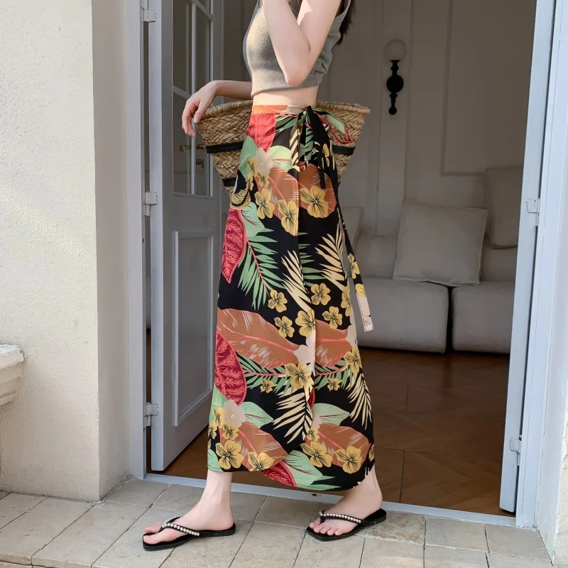 Retro Print Dai Ethnicity One-Piece Long Skirt with Belt Island Vacation Style Women's Bodycon Skirt Polyester Fabric Beachwear