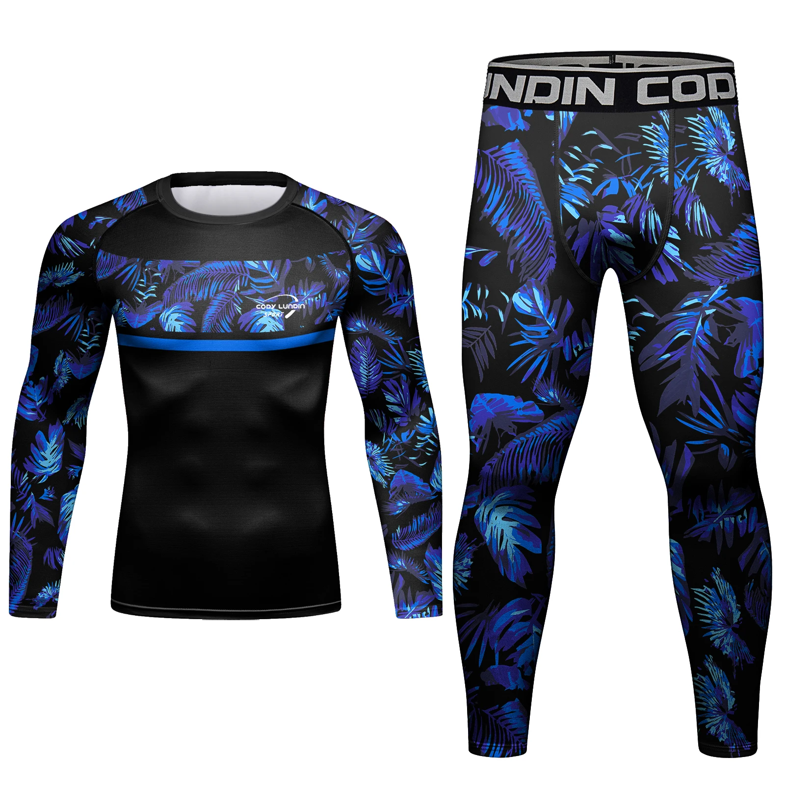 Cody Lundin Quick Dry MMA BJJ wrestling Training Fitness Sportswear Men's Blue Leaf Print jiu jitsu brazilian RashGuard 4PCS/Set