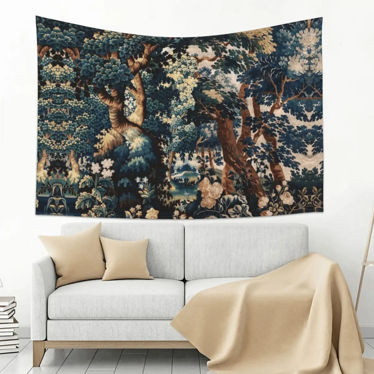 

GREENERY,TREES AND ROSES IN WOODLAND LANDSCAPE Blue Green Floral Tapestry
