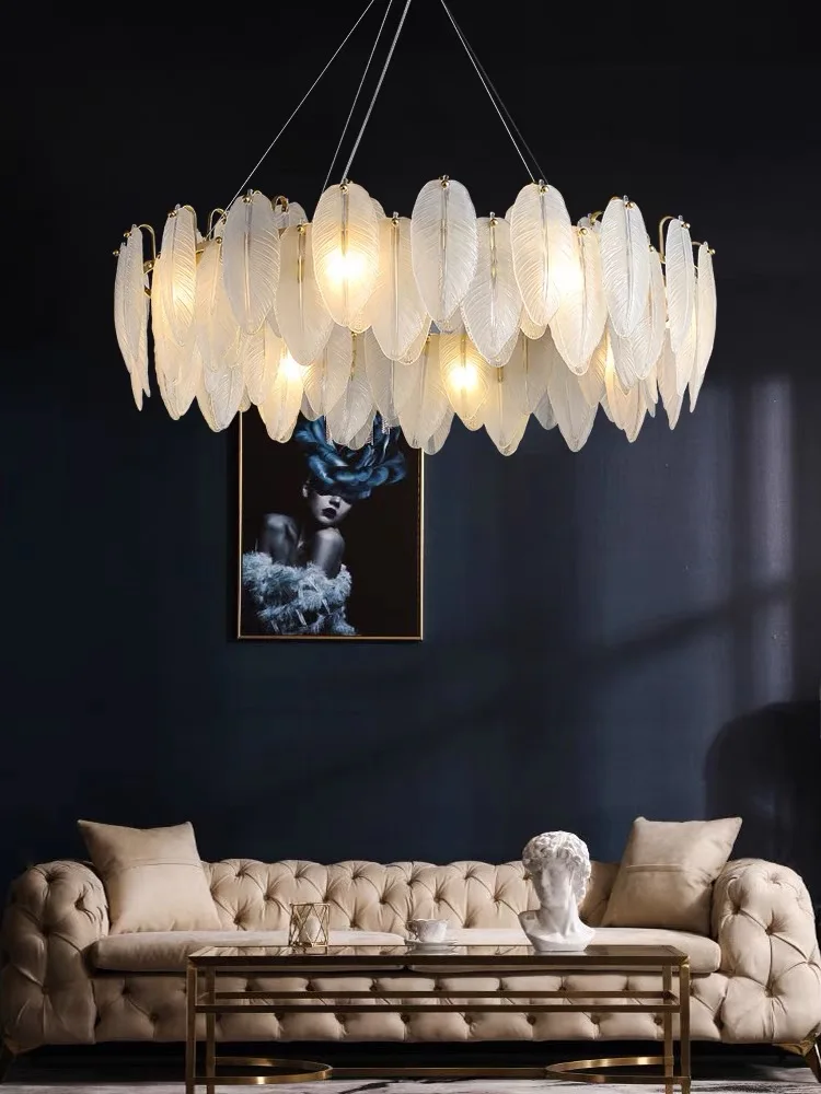 Modern Luxury Glass Feather Chandelier Lighting Lustre Suspension Luminaire Lamp for Living Dining Bedroom Kitchen Home Decor