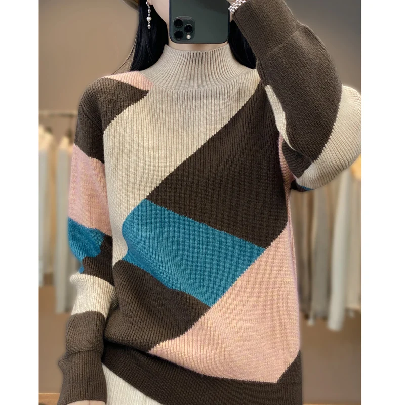 Women New Wool Warm Soft Sweater Half-high Collar Thickened Pullover Autumn Winter Casual Knitted Diamond Color Block Top