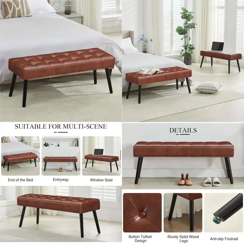 

Современная скамейка для прихожей с мягкой обивкой на пуговицах и ножками из массива дерева, удобный пуфик, сиденье для хранения на конце кровати