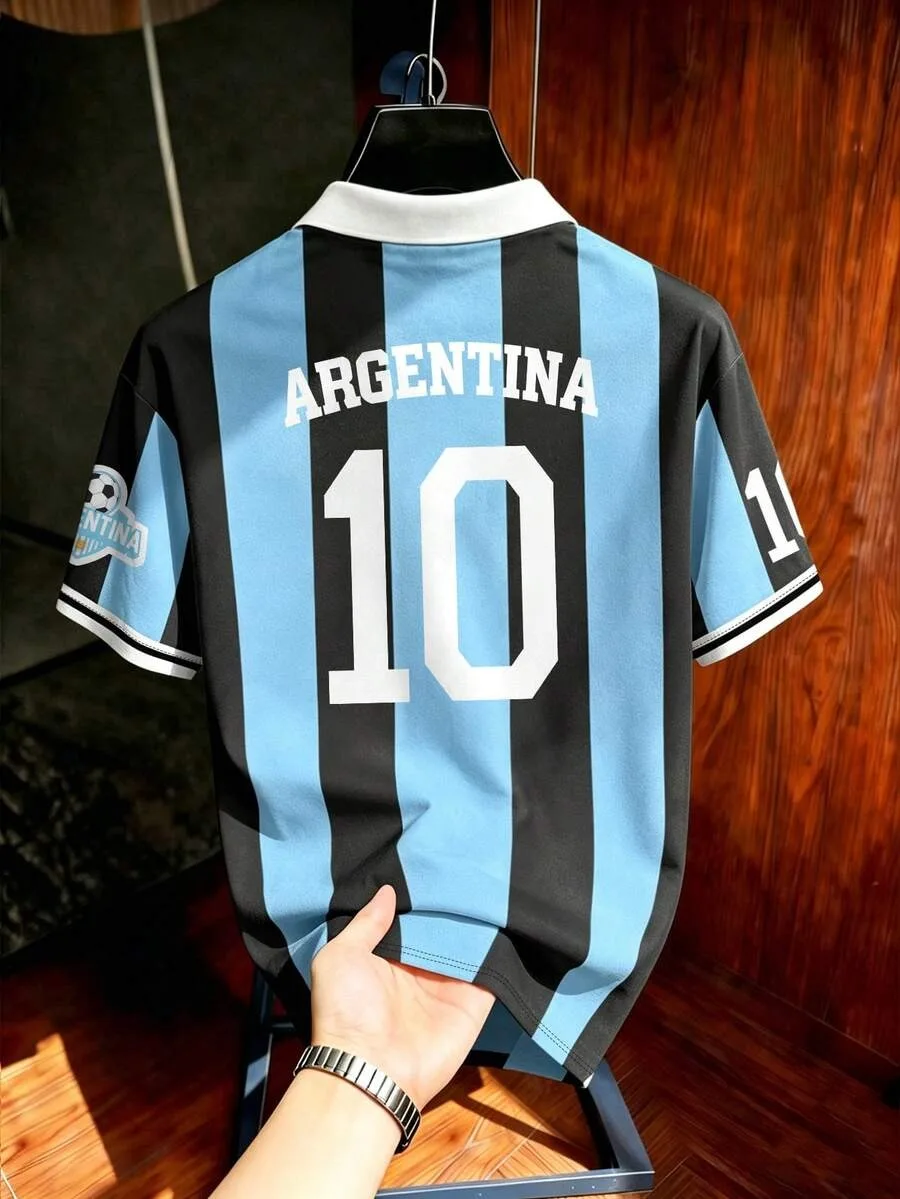 Retro Brazilian team men's polo shirt loose fit Argentina team polo shirt football fan parent-child printed T-shirt short-sleeve