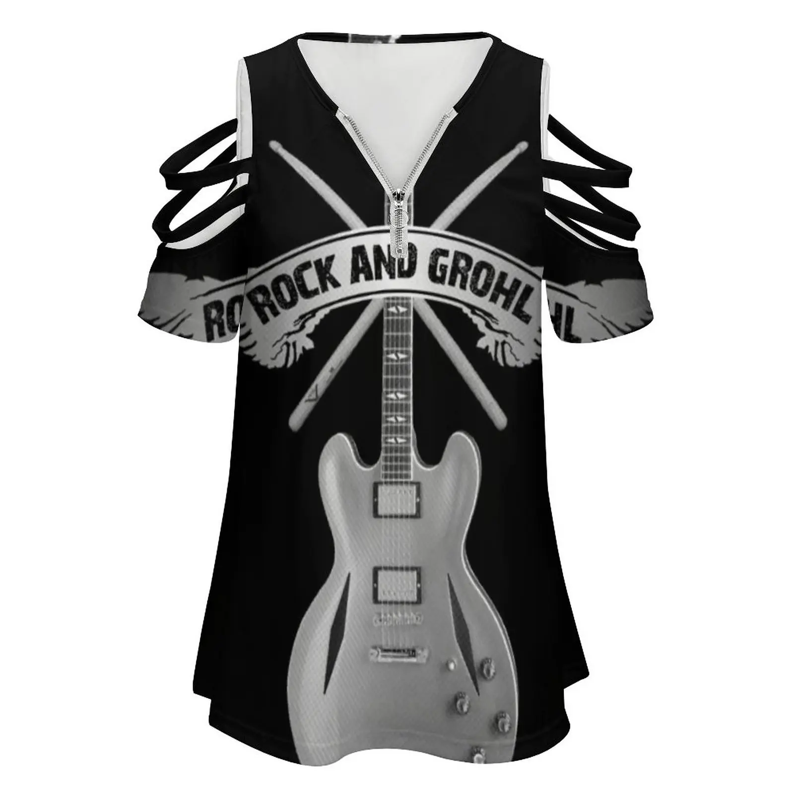 Rock And Grohl Awesome Drumstick & Guitar Original Design! Women Zipper Sexy Printed Vintage T Shirts Tops Full Print T-Shirt