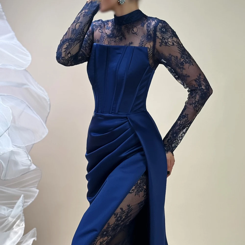 Sukienki wieczorowe damskie w kształcie litery A, do ziemi, z wysokim dekoltem, z długim rękawem, suknie balowe, modne, koronkowe, plisowane, proste, drapowane, szyte na miarę.