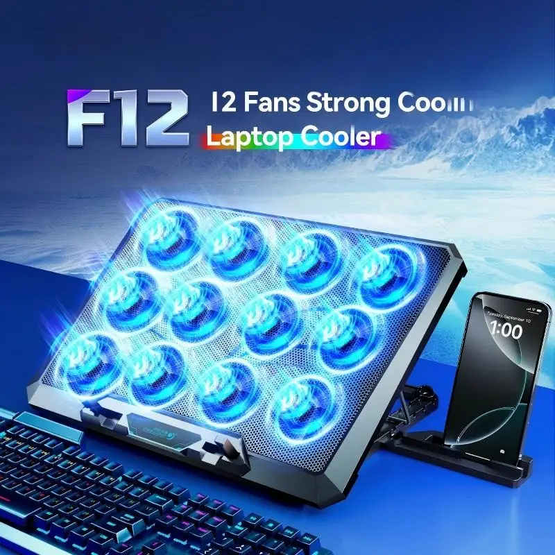 12 Inch Quiet Fans Laptop Cooling Pad for 12-17.3 Inch Gaming Laptops with 2 USB Ports And Phone Holder Cooler Stand
