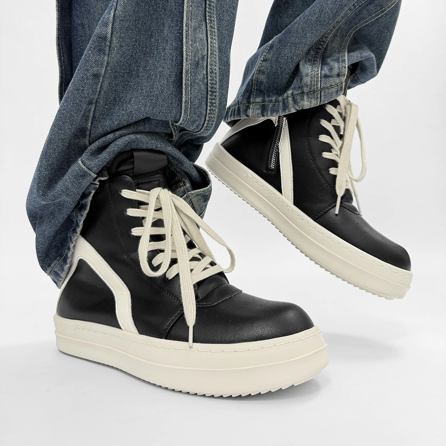 

Men Casual Shoes Leather Patchwork Lace Up Platform Increasing Zip Ankle Boots Owens Vintage Brand Luxury Designers Sneakers
