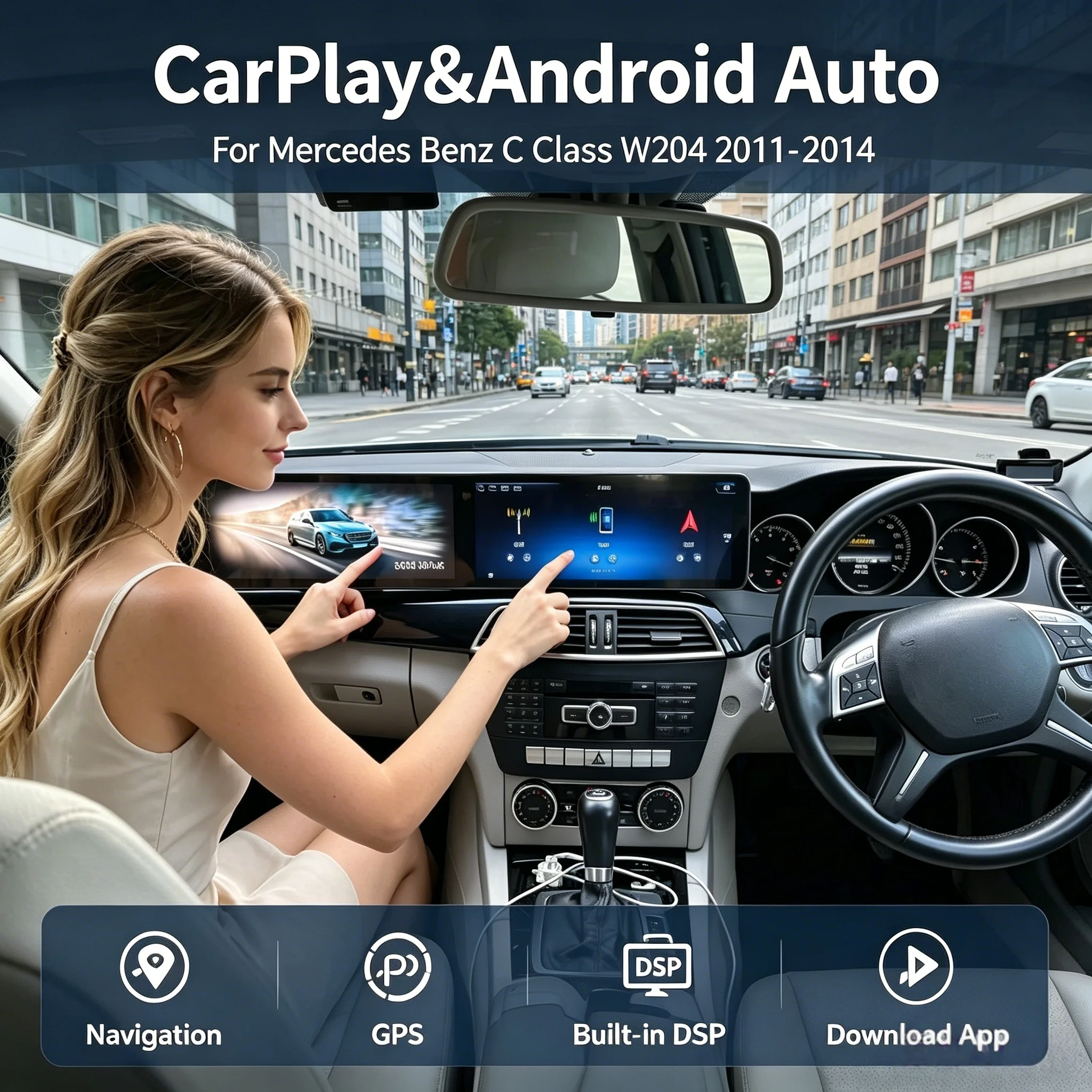 Dual 25.6 INCH Screen Wireless CarPlay Android For Mercedes Benz C Class W204 2011 - 2014 Multimedia Player Navigation LHD RHD