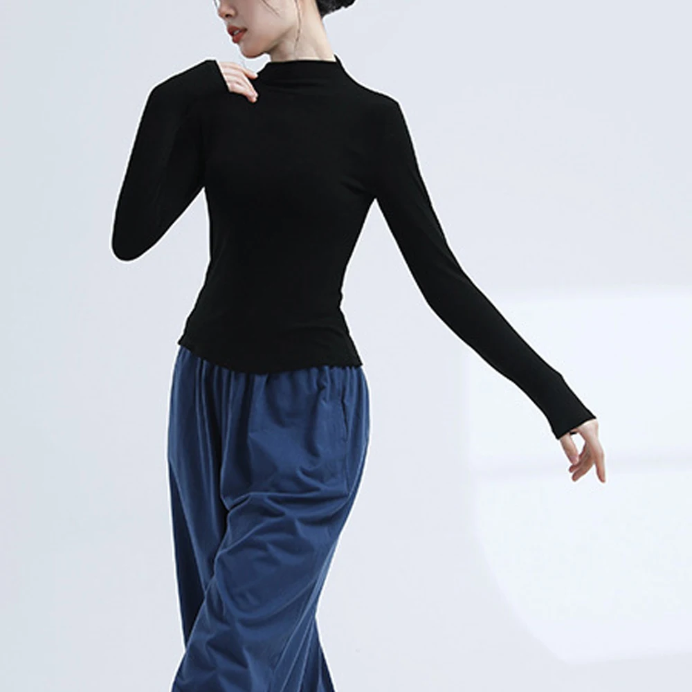 

Long Sleeve Half High-neck Knit T-shirt Women Clothing Modern Dance Stretch T Shirts Fashion Sporty Gym Yoga Tee Shirt Tops Girl