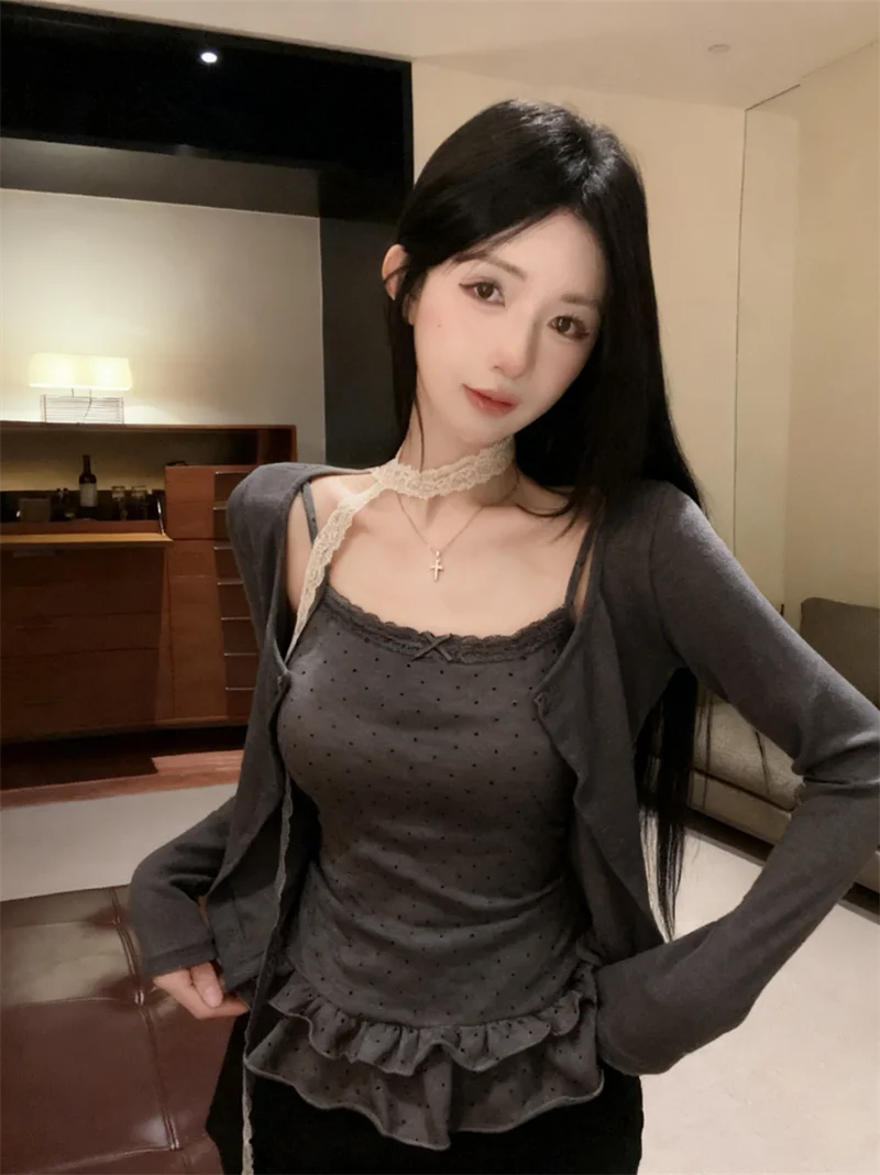 تي شيرت بأكمام طويلة على الطراز الأمريكي للسيدات للخريف بأزرار وطية صدر السترة وجيب مرقع كل مباراة منقوشة طيات عادية مطوي #6