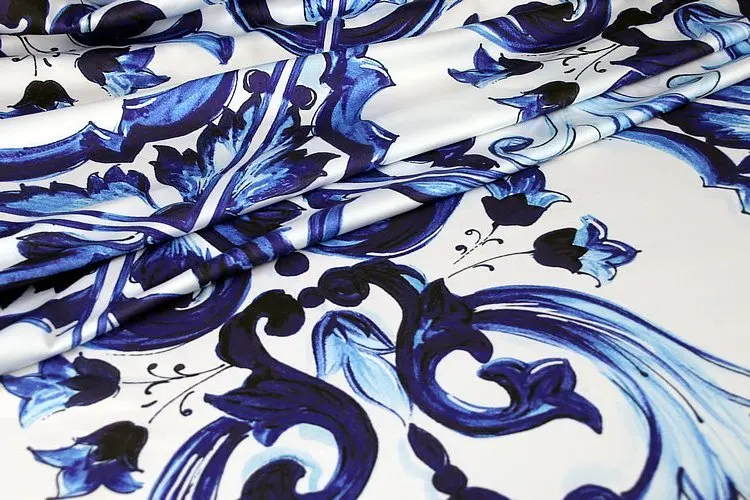 Blue and White Porcelain Series Large Flower Custom Satin Silk Fabric mulberry Textile Digital Print to Dress Home Design Sewing