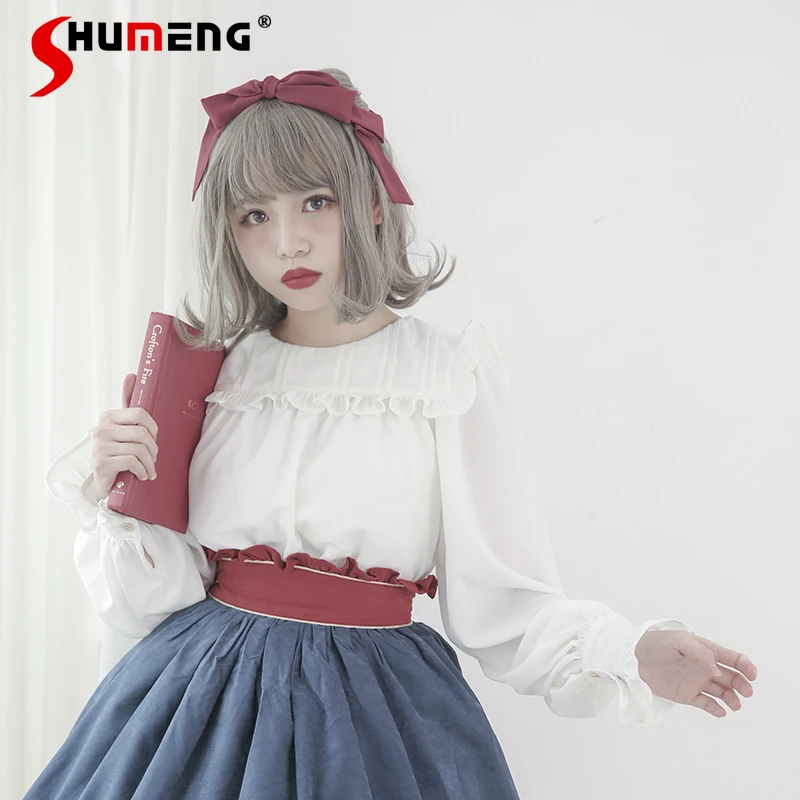 Original Design Stand Collar Two Wear Lolita Long-sleeved Shirt Spring and Autumn Loose College Style Chiffon Blouses Tops Mujer