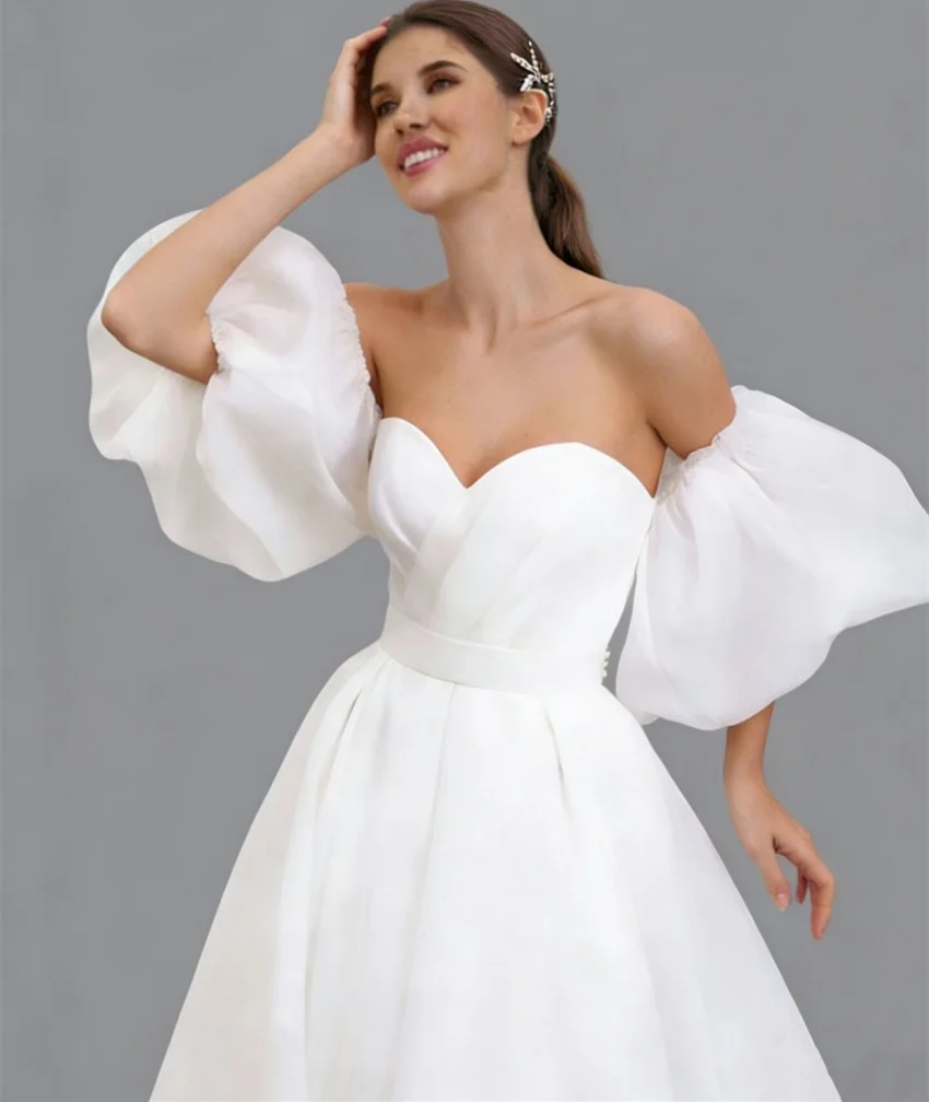 

Customized Romantic Organza Wedding Dress Elegant Sweetheart Bridal Gown Detachable Puff Sleeves Princess Pleat Vestido de Noiva