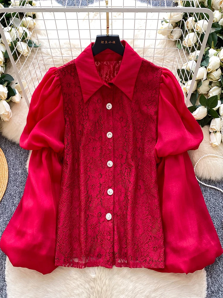

Women's New Autumn Court Style French Shirt with Lantern Sleeves and Patchwork Single Breasted Lace Blouse Female Top BL307