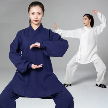 Ropa tradicional china de lino y algodón para mujer, uniforme de práctica de artes marciales Wudang Tai Chi, conjunto de Top y pantalones taoístas de Kung Fu