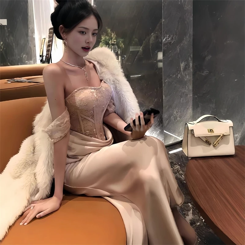 Vestido trompeta elegante de retazos de satén para mujer, ropa Vintage con hombros descubiertos, Vestidos elegantes para fiesta de cumpleaños para mujer, ceñidos