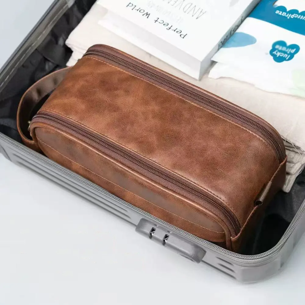 Travel Toiletry Bag for Men, Portable Cosmetic Bag Large Capacity Leather Wash Bag