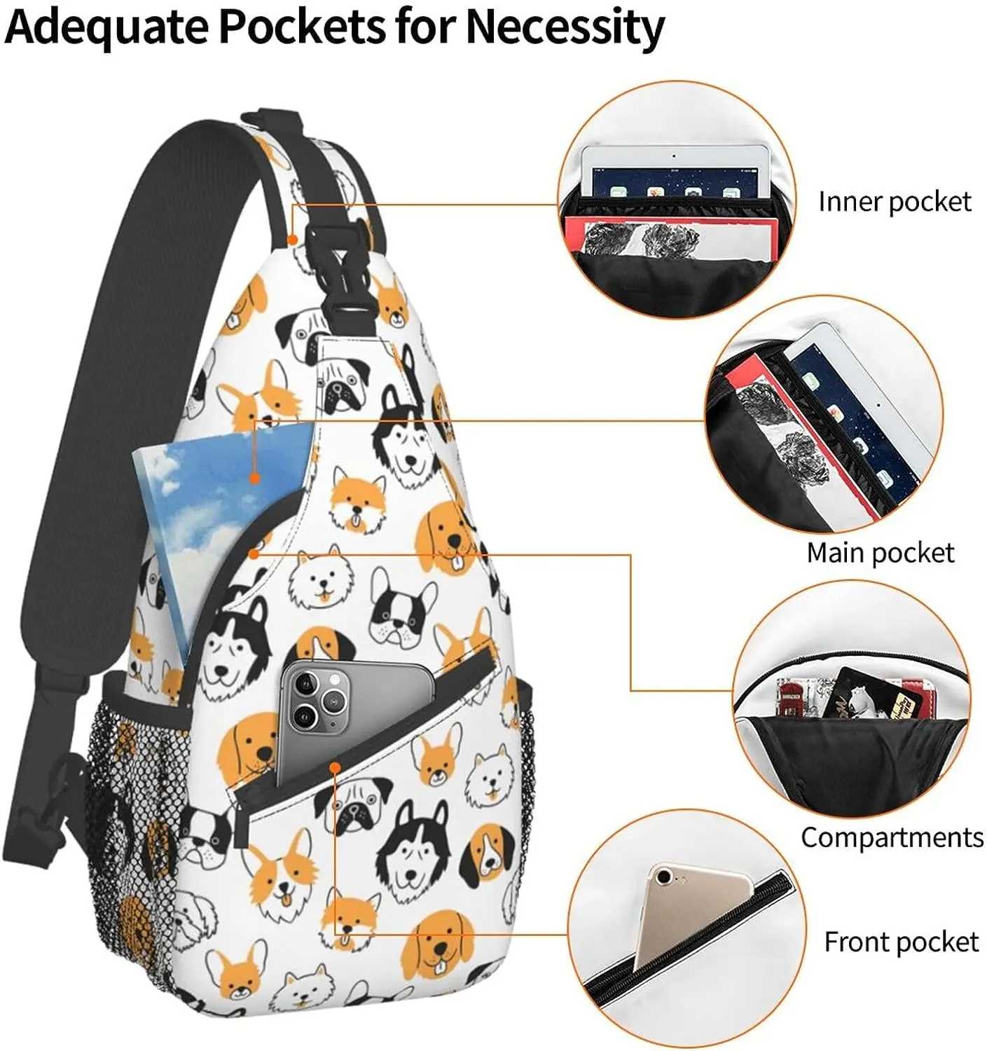 Bolso de pecho cruzado con estampado de perro para hombre, bolsa de hombro cruzada diagonalmente, mochila de día para viajes al aire libre, senderismo con bolsillos