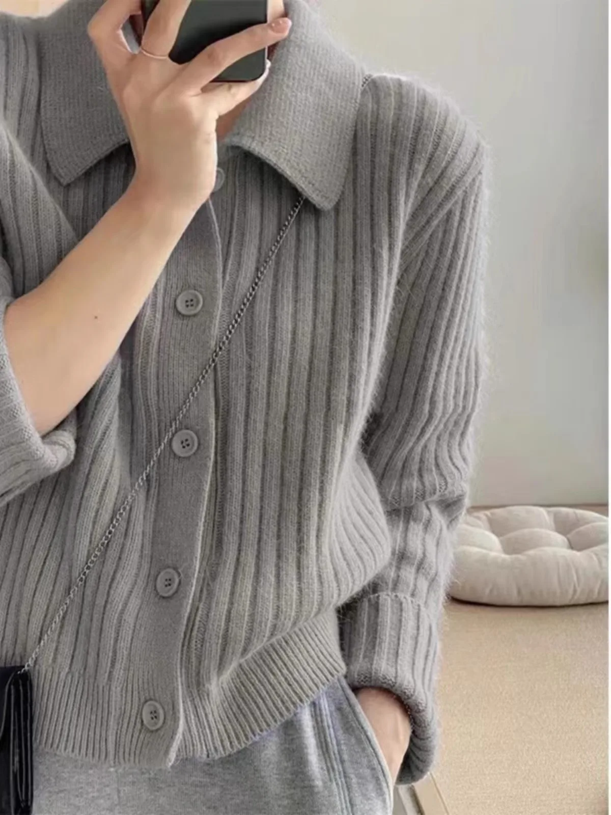 Temperament lapel 100 pure cashmere knit cardigan blouse autumn and winter loose sweater slimming wool coat