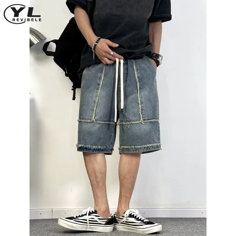 Vintage Casual Jean Shorts Men Summer High Street Washed Distressed Raw Edge Five-point Pants Baggy Sports Straight Short Pant