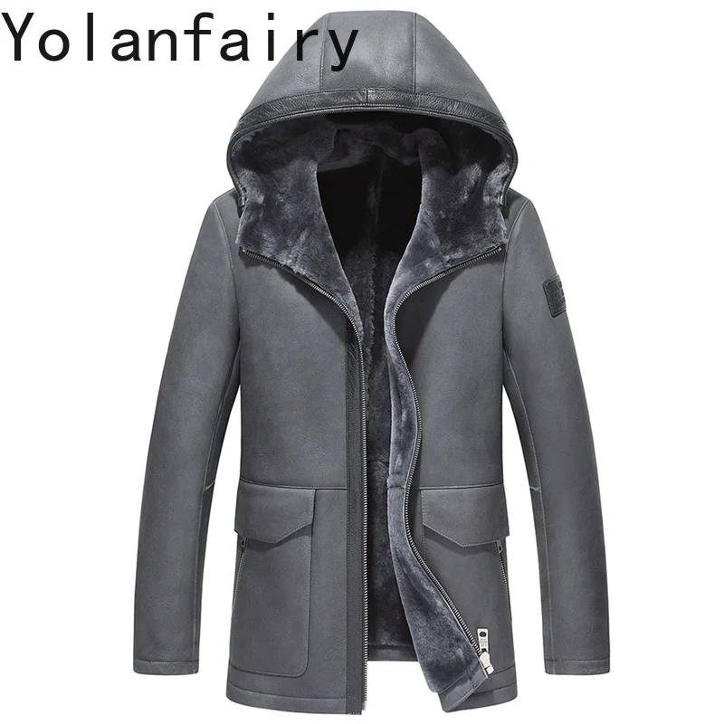 

YOLANFAIRY, пальто из натурального меха с капюшоном, зимняя куртка из 100% натуральной овчины, мужская теплая шуба 2025 года, мужская одежда Abrigo