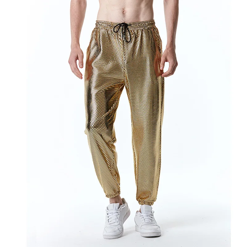 

Mens Shiny Gold Metallic Jogging Sweatpants Hipster Hip Hop Streetwear Harem Pants Men 70s Disco Dance Stage Singer Clothing 3XL