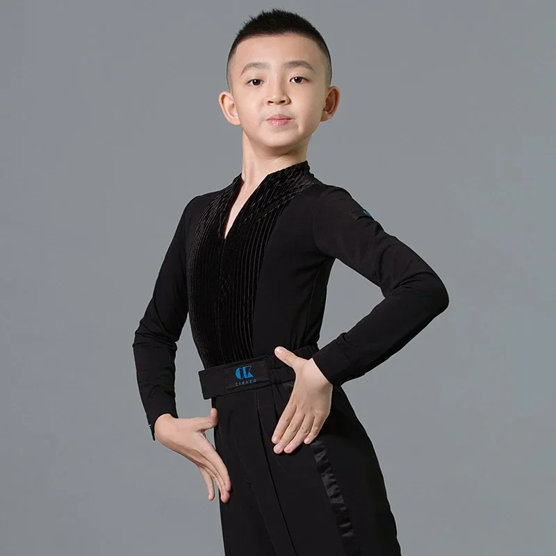 Fashion Latin Dance Costumes For Boys Black Long Sleeve Stitching Velvet Shirts Ballroom Chacha Latin Practice Dance Wear DN7118