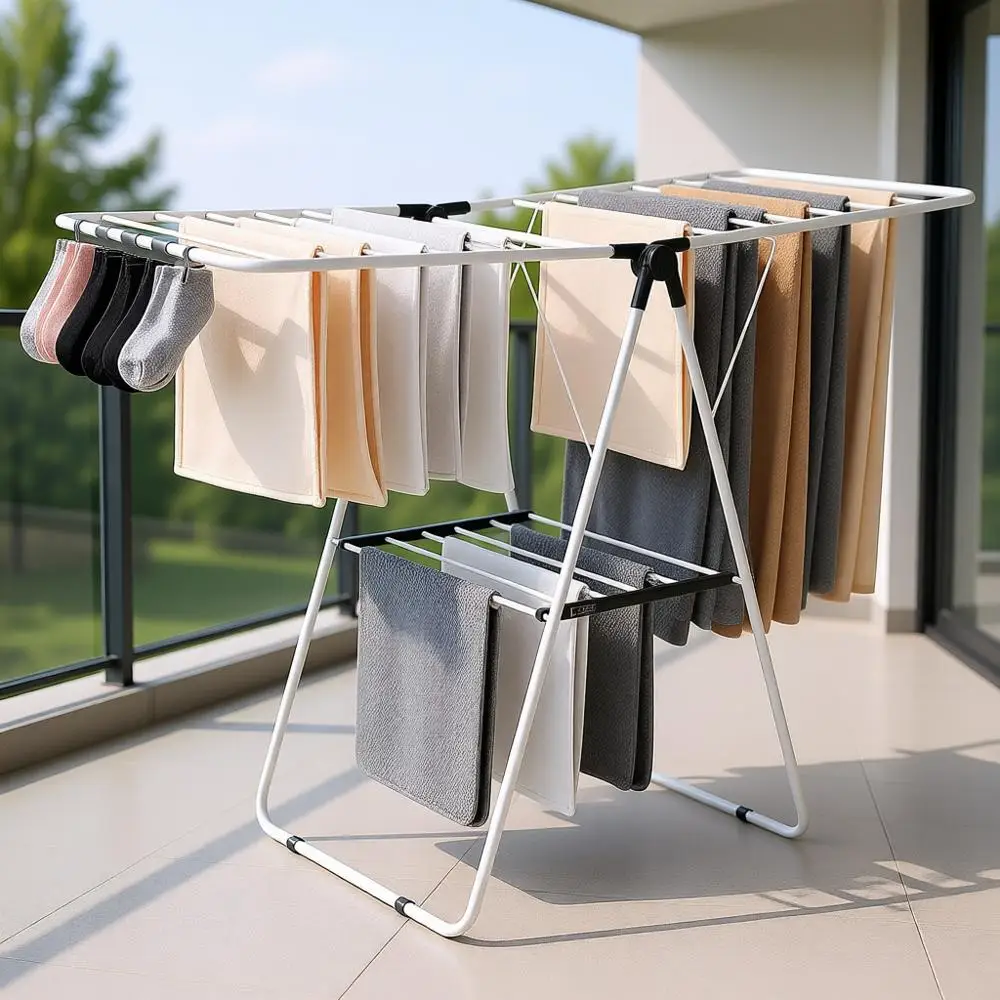 

2-Tier Foldable Laundry Dryer Rack with Sock Clips & 21 Drying Rods, Metal Height Adjustable, Indoor & Outdoor, Free-Standing &