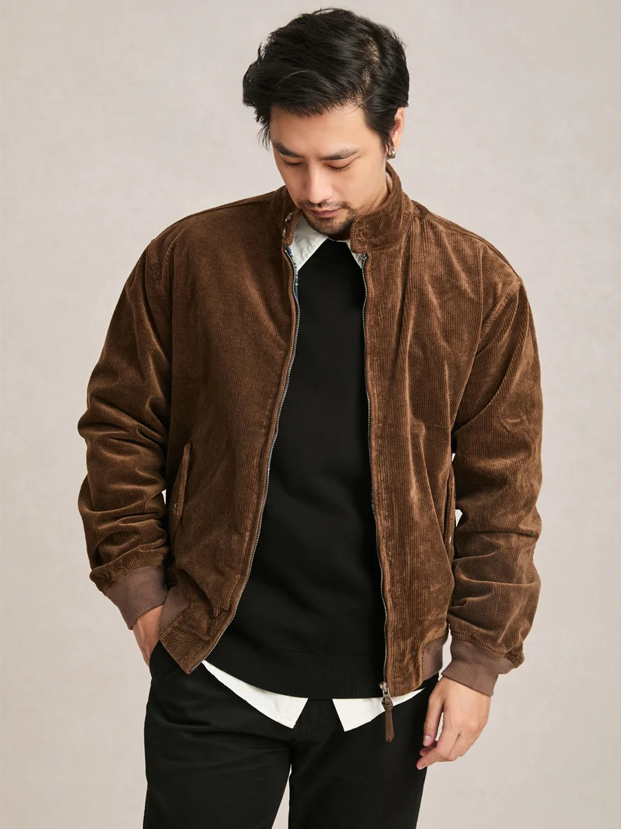 American style zipper jacket retro men's brown stand collar workwear advanced corduroy men's jacket spring and autumn style