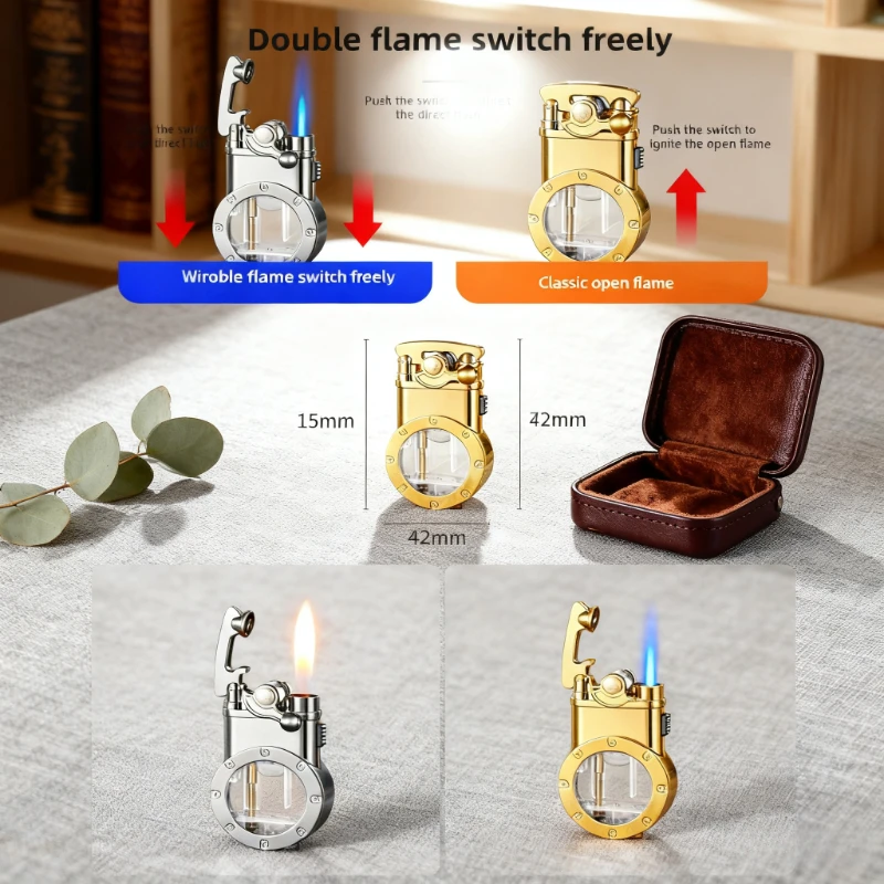 

Windproof Metal Dual Fire Lighter: Rocker Arm Design, Transparent Air Window, Butane Inflatable & Dual Fire Conversion Lighter