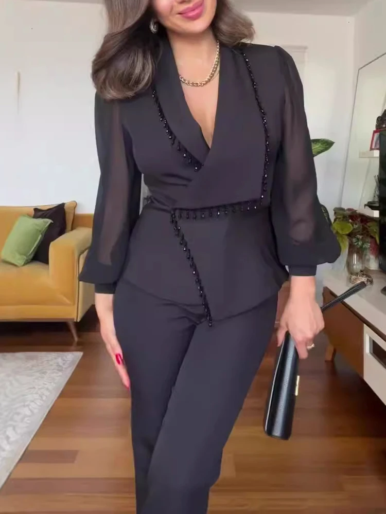 우아한 여성용 하이웨이스트 출퇴근용 롬퍼스 기품 있는 브이넥 비즈 장식 태슬 점프수트 패셔너블한 솔리드 컬러 와이드 레그 플레이수트