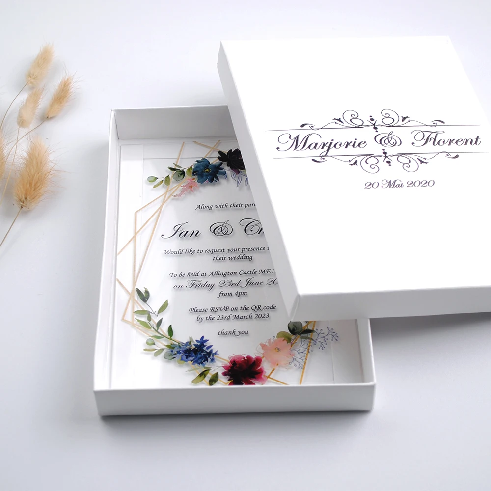 10 cartes d'invitation de mariage en acrylique transparent avec motif floral, épaisseur 0,5 mm, personnalisables avec boîte personnalisée