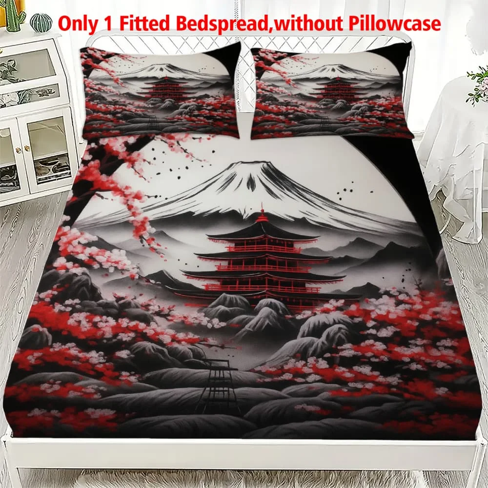 1pc Japanese Mount Fuji Print Fitted Sheet Deep Pocket Elastic Mattress Cover Single Double Queen King Bedroom Decor
